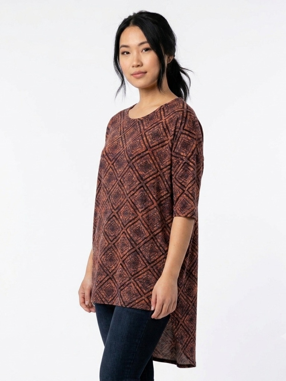 LuLaRoe Irma Tunic Top Small Orange Black Geometric Diamond Print High Low